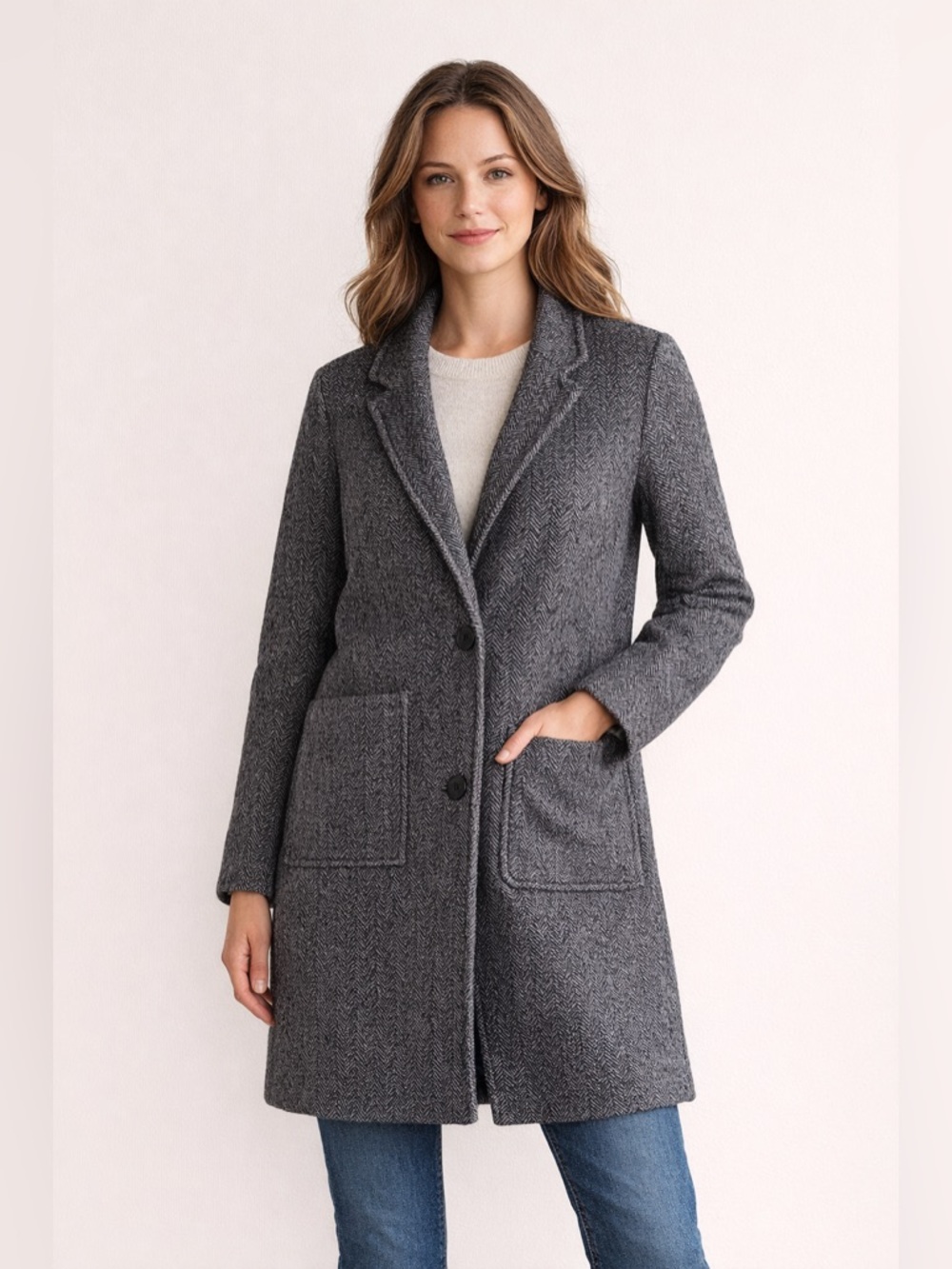 Lands' End Coatigan Womens Small Gray‎ Fleece Herringbone Mid Length knit Jacket